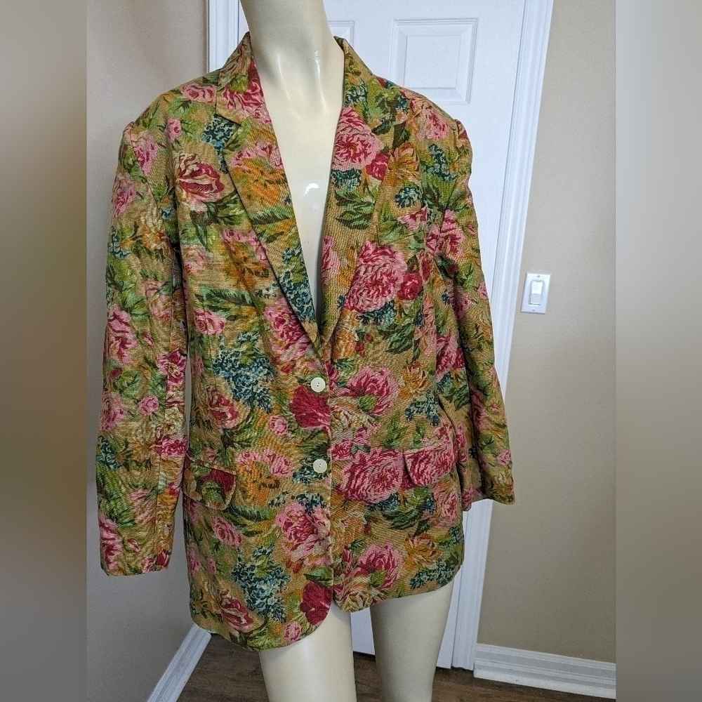 Vintage Gap 90s Tan Blazer Jacket Linen Blend Floral Tapestry Women's Large